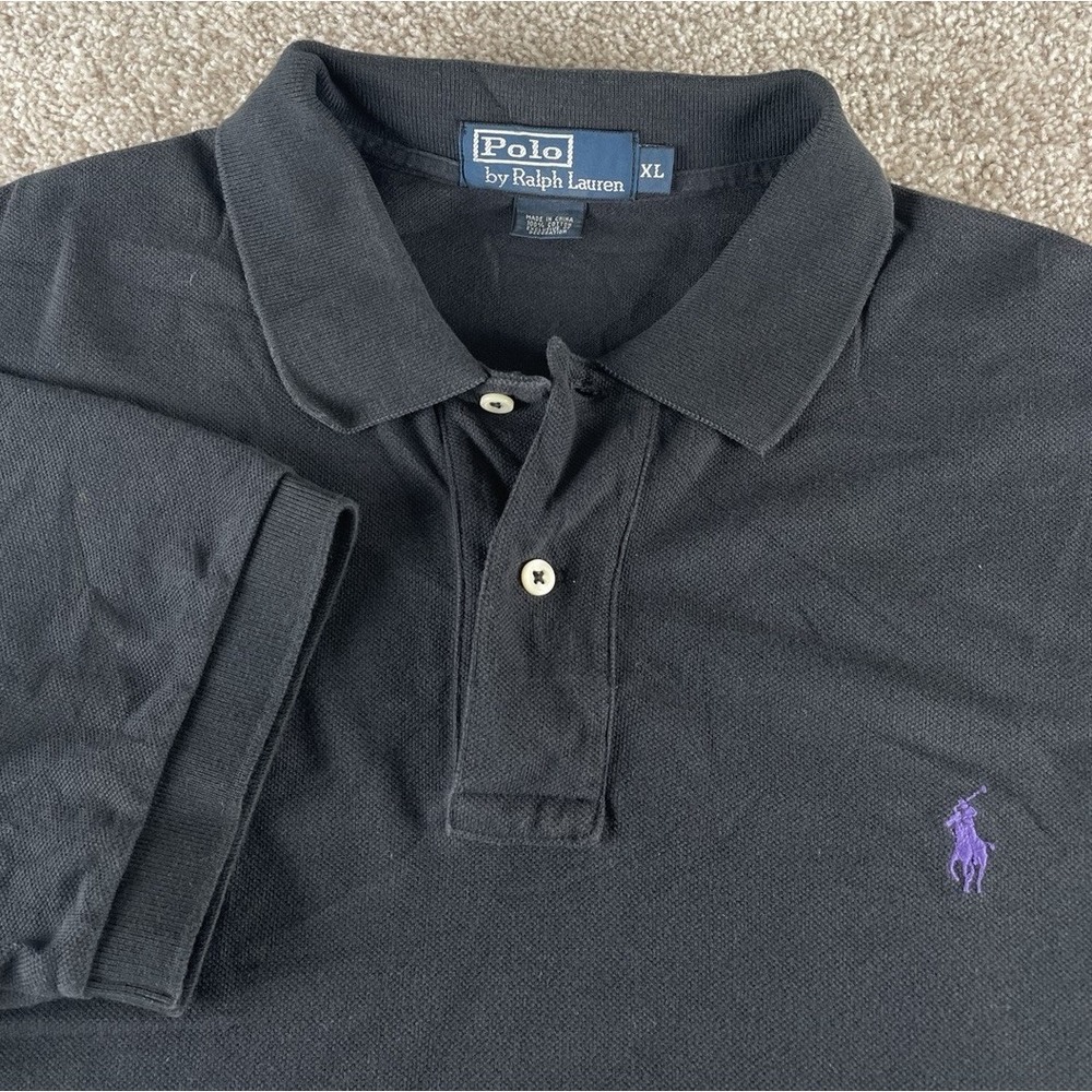 Polo Ralph Lauren Solid Black Polo Shirt Soft Cotton Purple Pony Mens XL Preppy